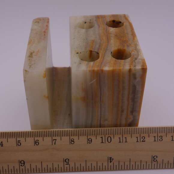 Vintage Onyx Marble Granite Stone Pen Pencil Letter Holder Desk Paperweight - Picture 11 of 13
